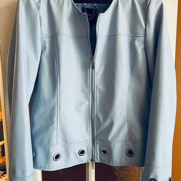 Insight Brand Faux Leather Zip Jacket Embellished Hem & Cuffs Sz 8 Light Blue - Picture 3 of 10